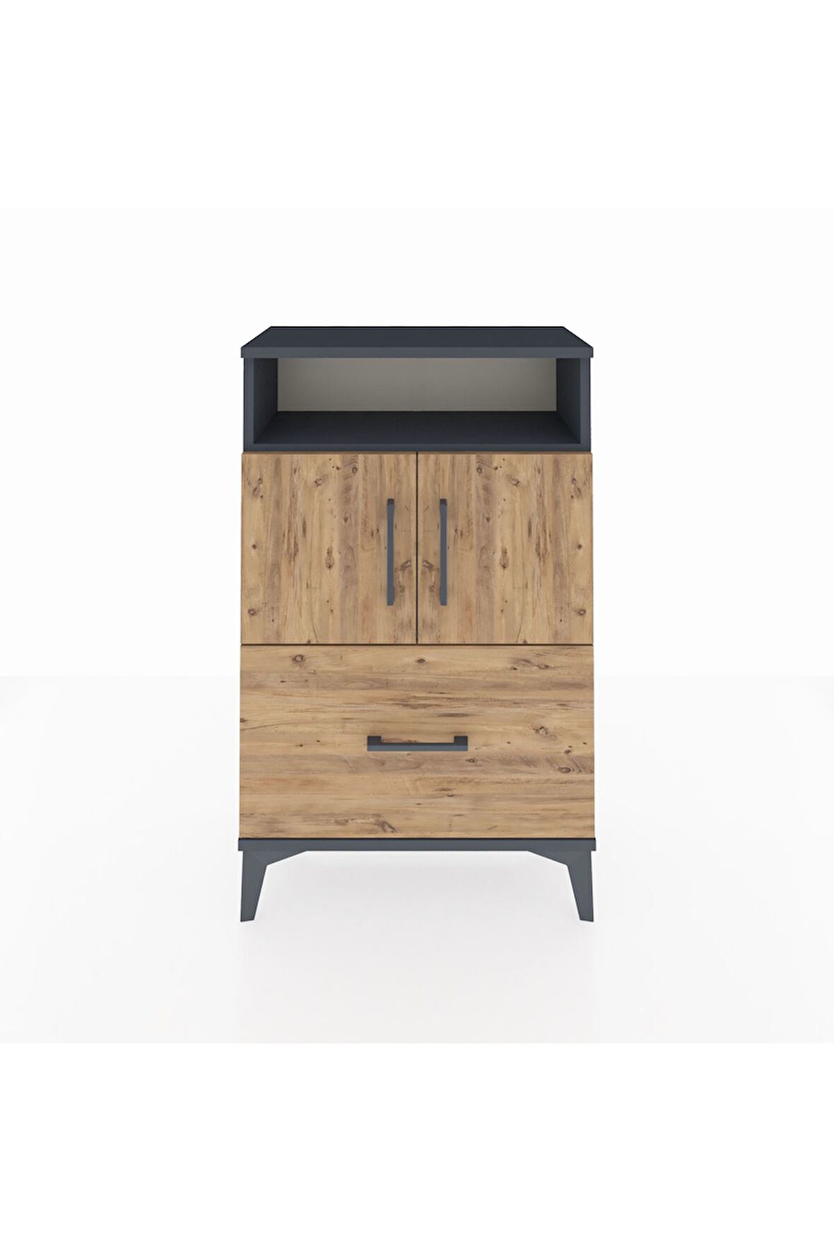 Arges Komodin 2 Raflı Tek Çekmeceli 2 Kapaklı 60x30x96 Antrasit-Çam