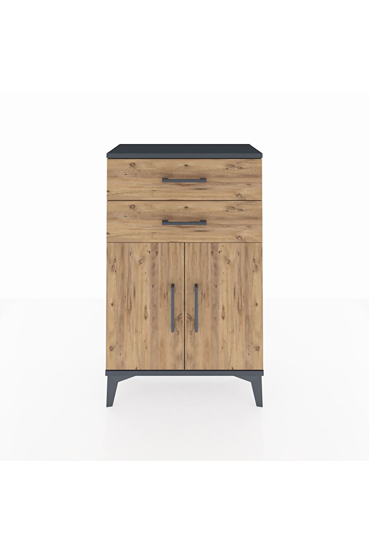 Arges Komodin Tek Raflı 2 Çekmeceli 2 Kapaklı 60x30x96 Antrasit-Çam