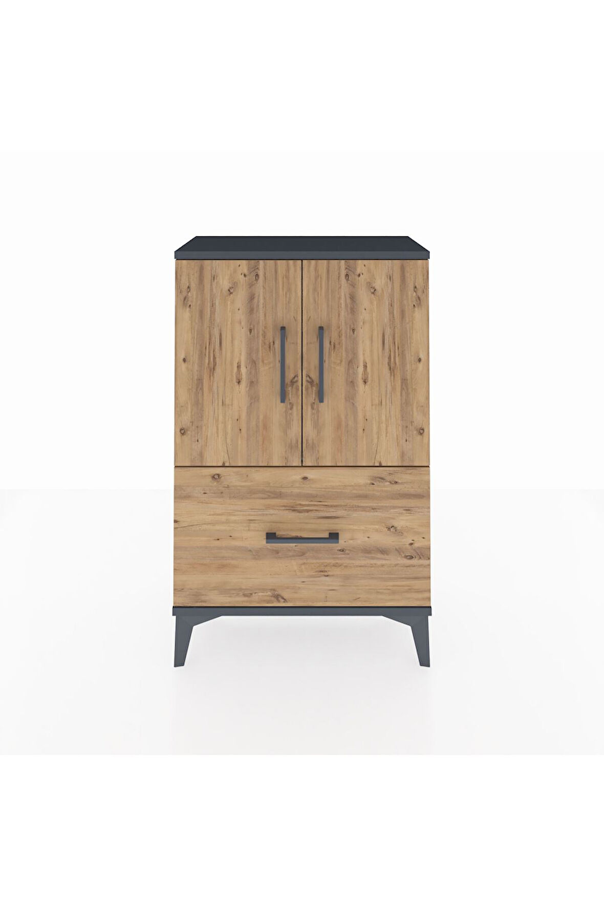 Arges Komodin 2 Raflı Tek Çekmeceli 2 Kapaklı 60x30x96 Antrasit-Çam