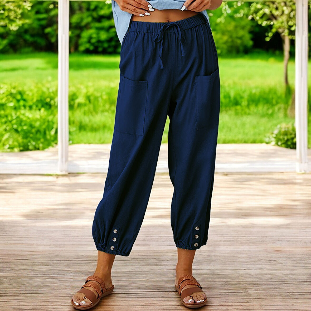 Günlük Düğme Detaylı Keten Pantolon