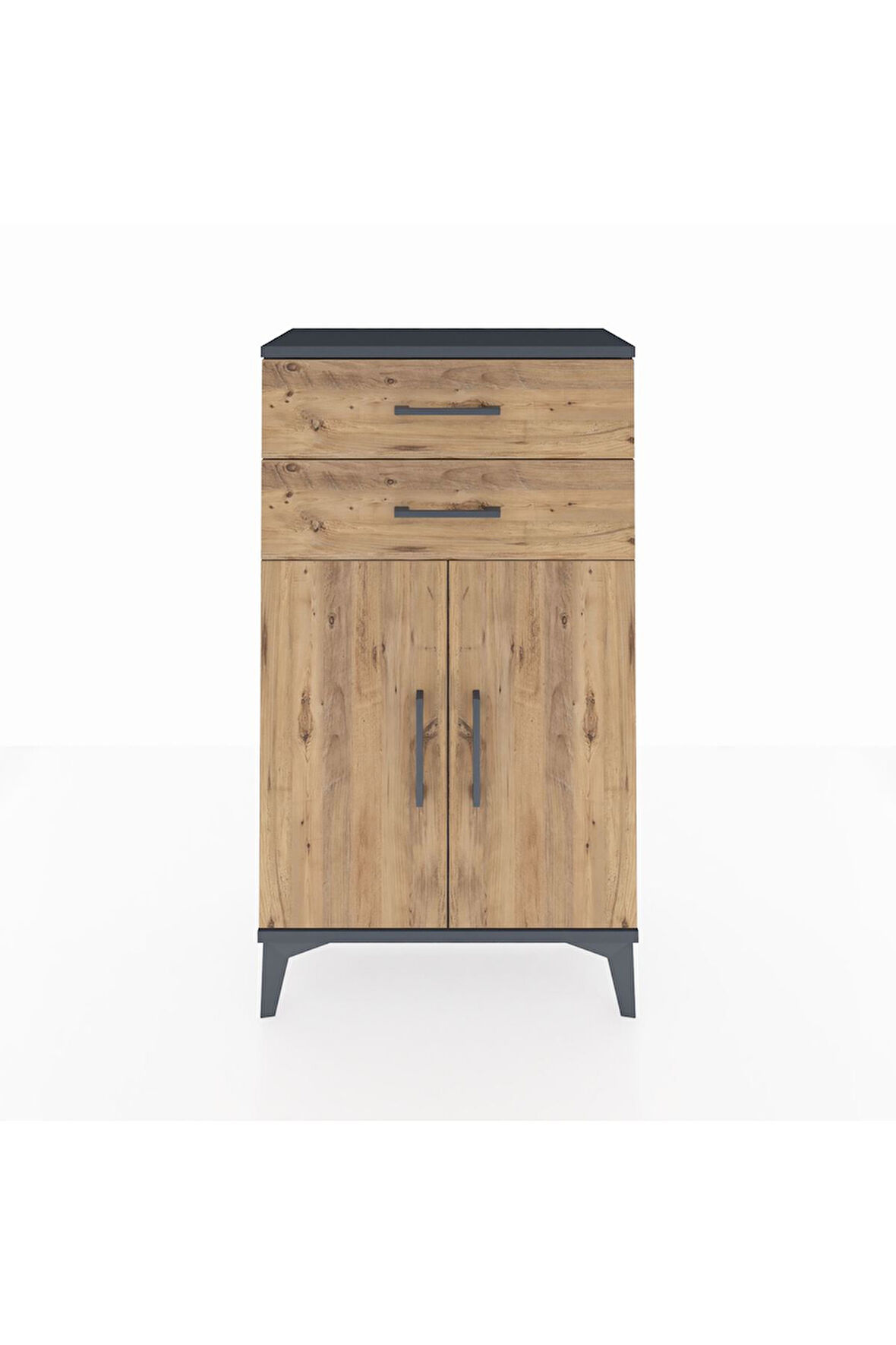 Arges Komodin Tek Raflı 2 Çekmeceli 2 Kapaklı 60x30x106 Antrasit-Çam