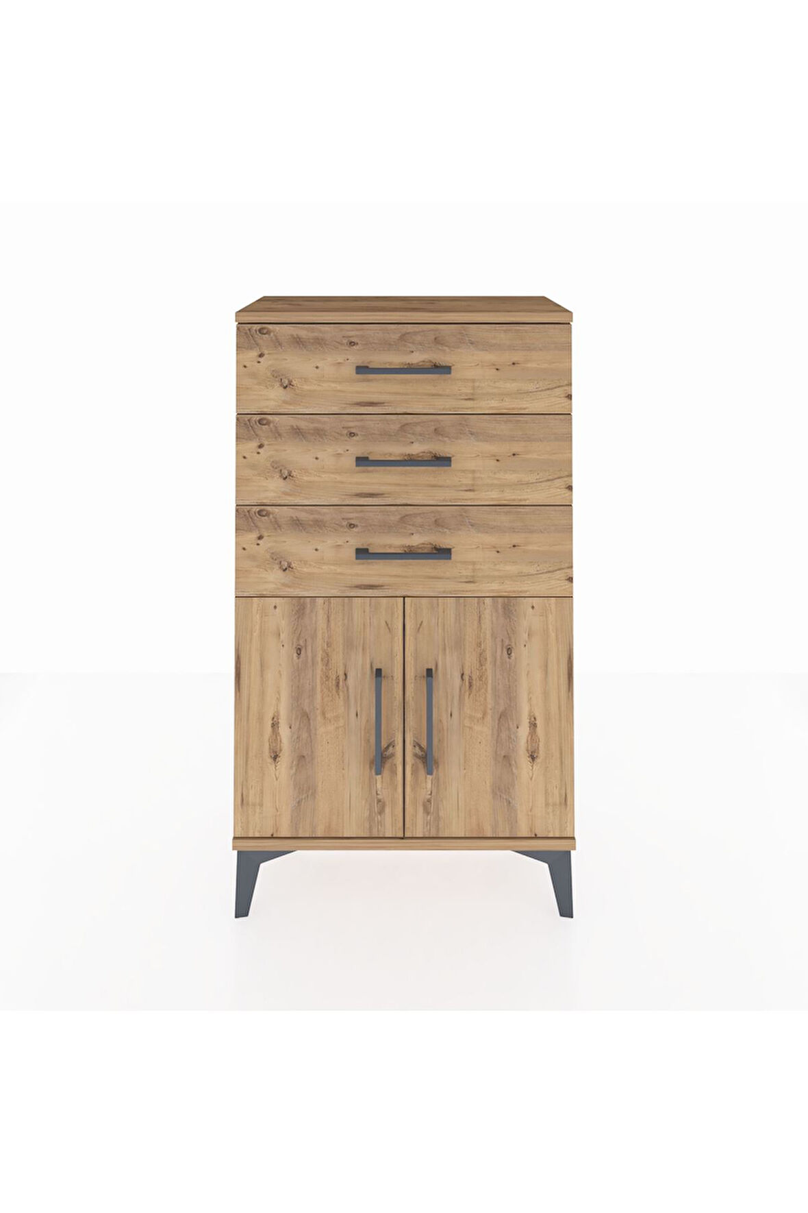 Arges Komodin Tek Raflı 3 Çekmeceli 2 Kapaklı 60x30x106 Çam-Çam