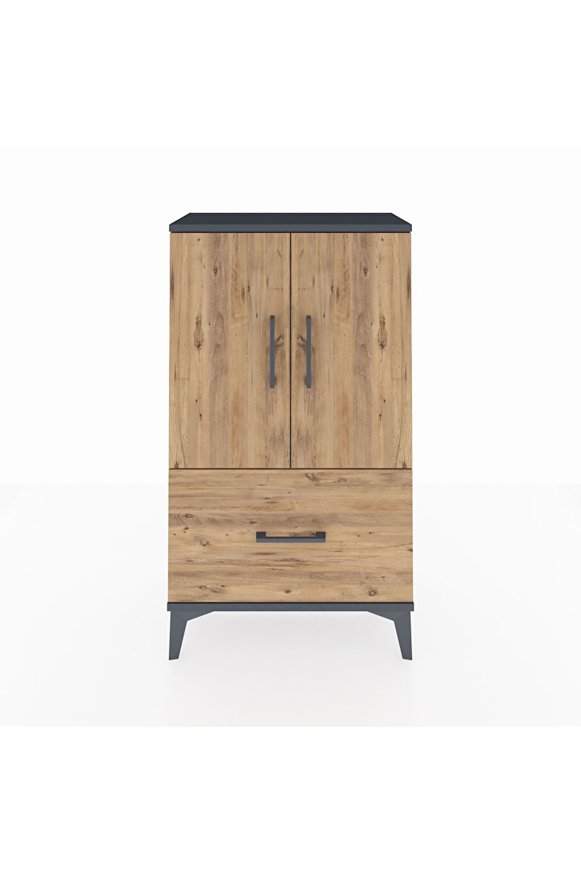 Arges Komodin 2 Raflı Tek Çekmeceli 2 Kapaklı 60x30x106 Antrasit-Çam