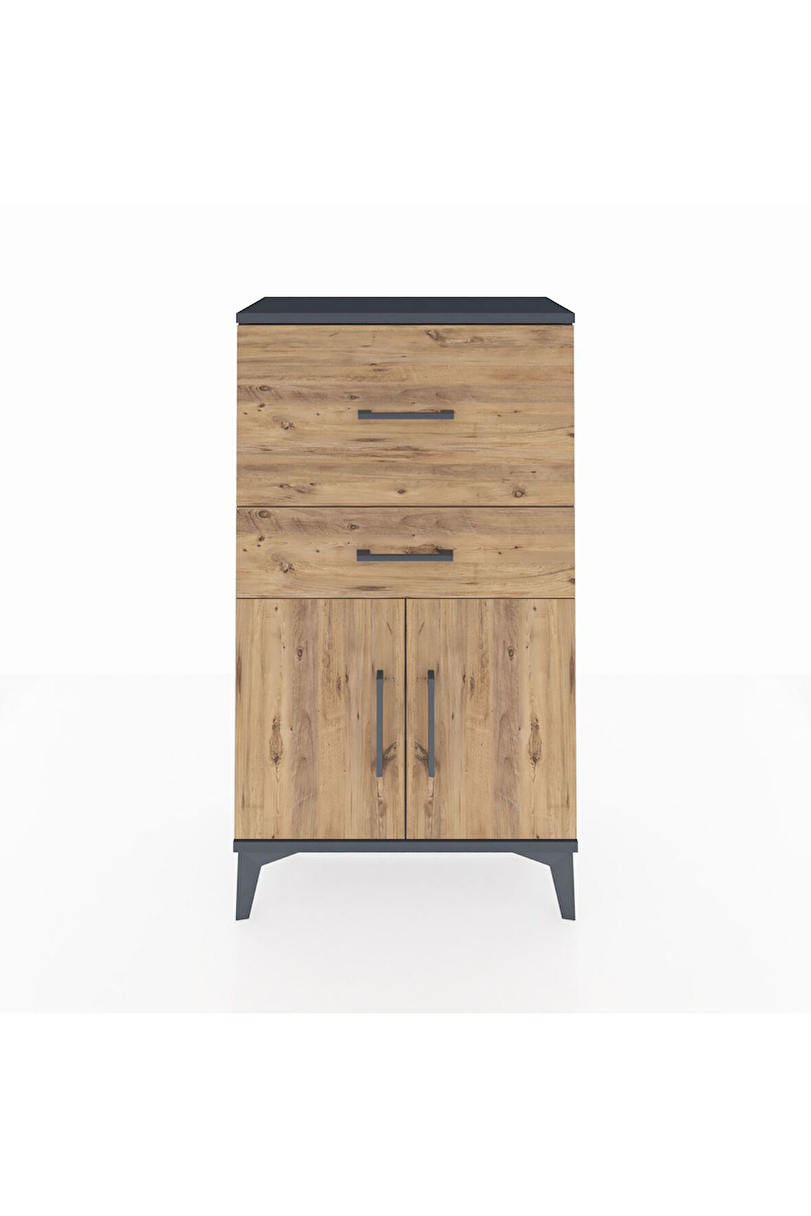 Arges Komodin Tek Raflı 2 Çekmeceli 2 Kapaklı 60x30x106 Antrasit-Çam