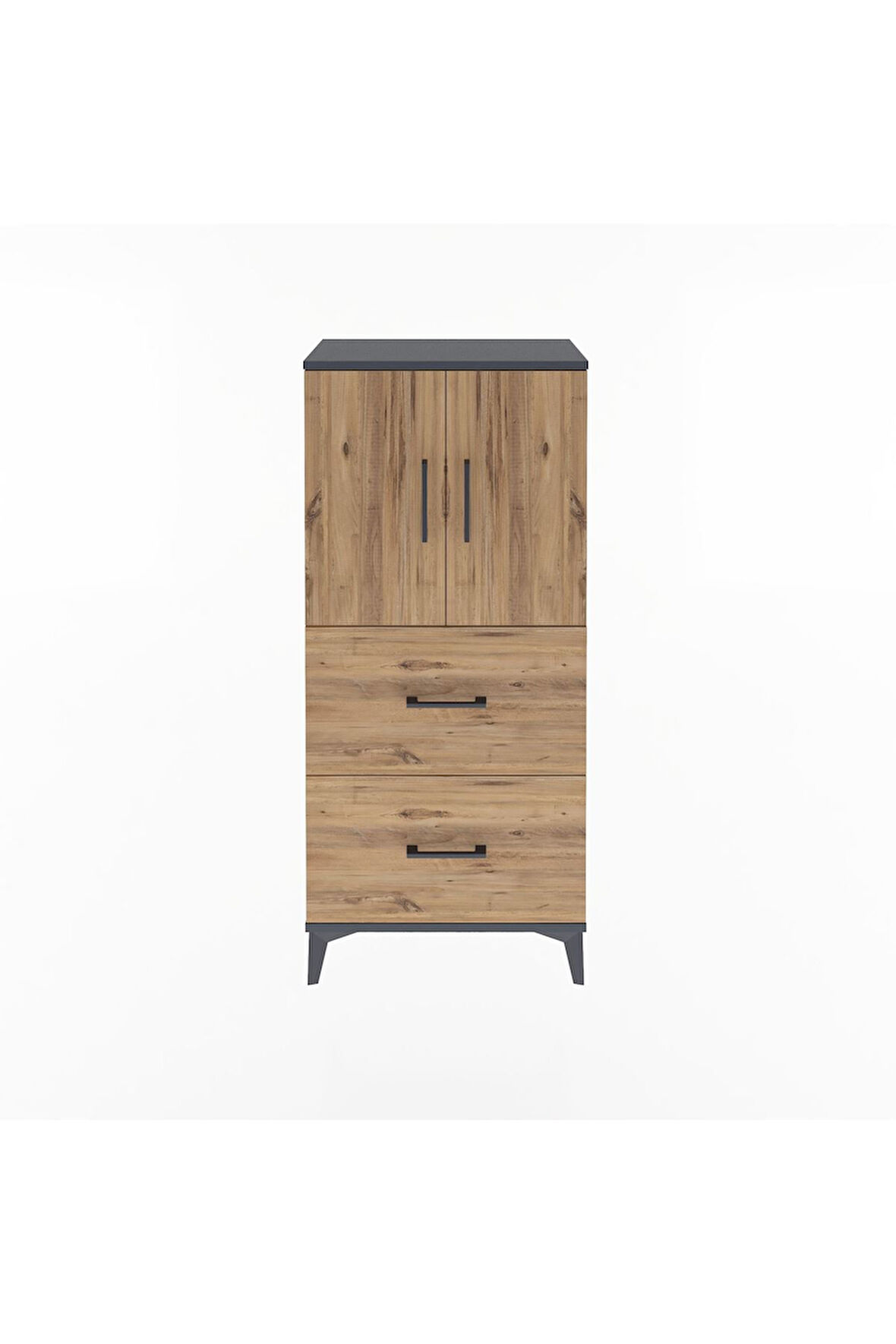 Arges Dolap Tek Raflı 2 Çekmeceli 2 Kapaklı 60x30x134 Antrasit-Çam