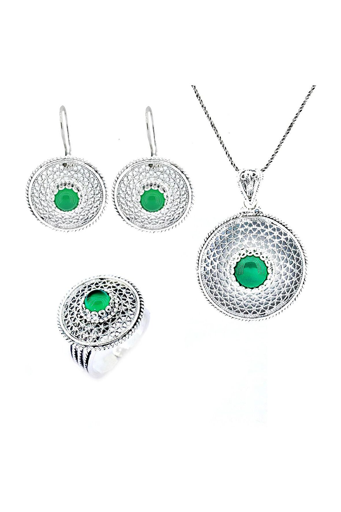 El Işi Yuvarlak Motifli Yeşim Taşlı Telkari Üçlü Set