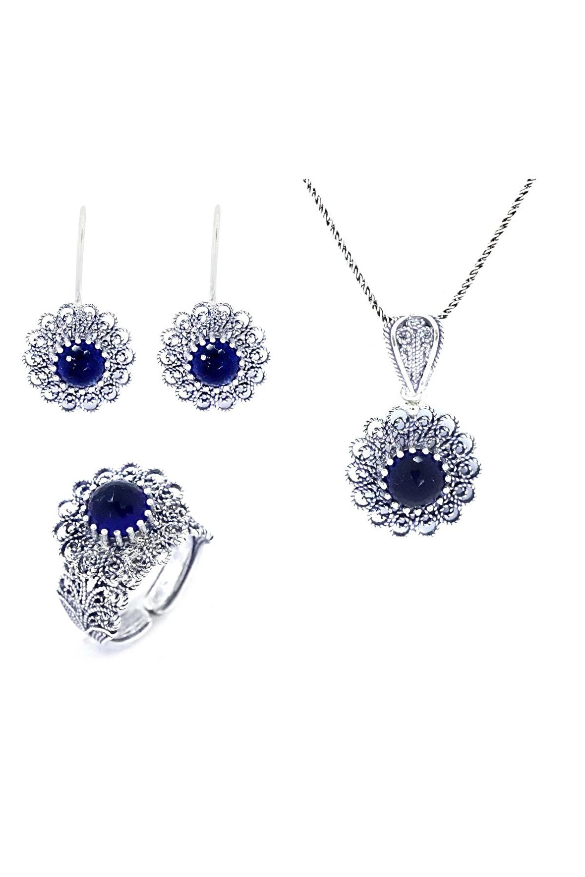 El Işi Yuvarlak Motifli Safir Taşlı Telkari Üçlü Set