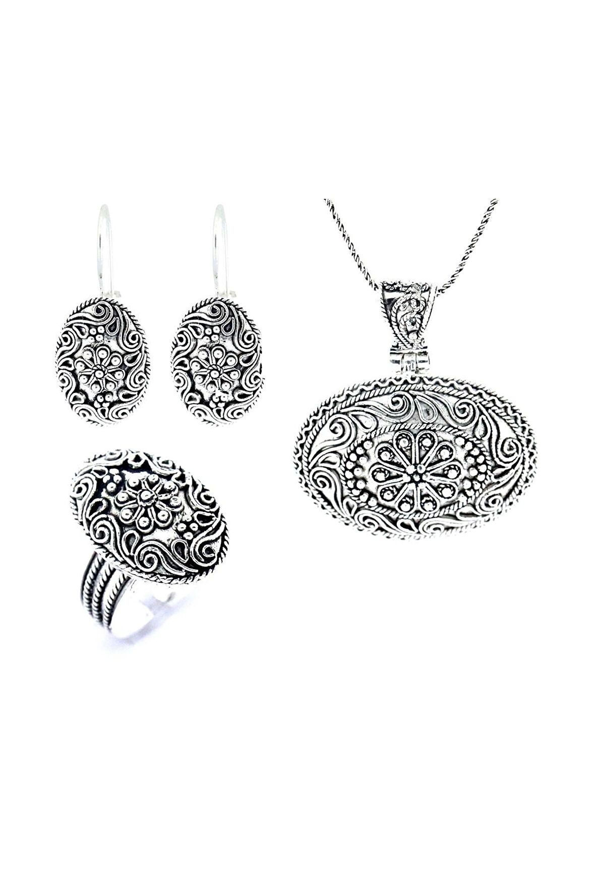 El Işi Oval Motifli Telkari Üçlü Set