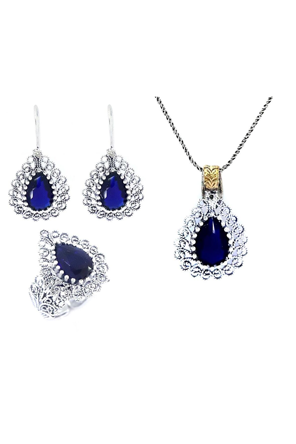 El Işi Damla Motifli Safir Taşlı Telkari Üçlü Set
