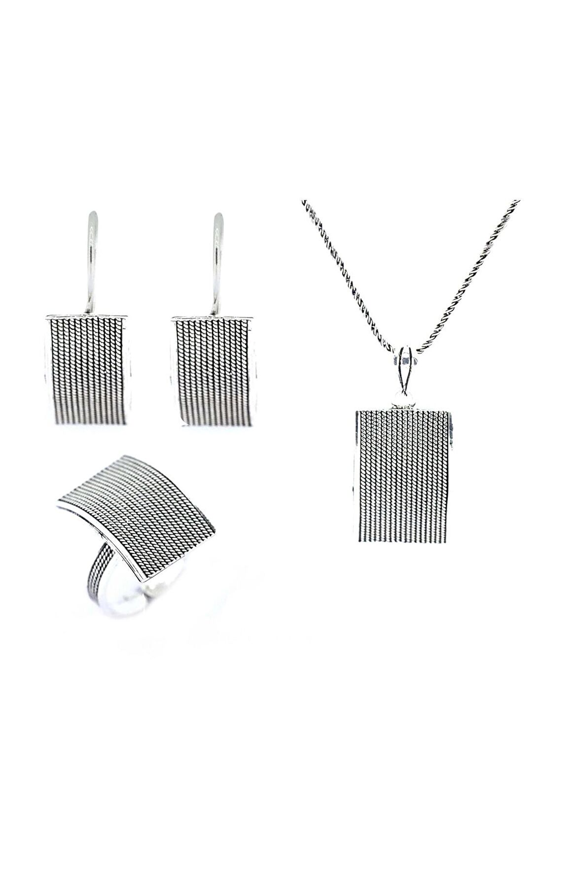 El Işi Dikdörtgen Motifli Telkari Üçlü Set