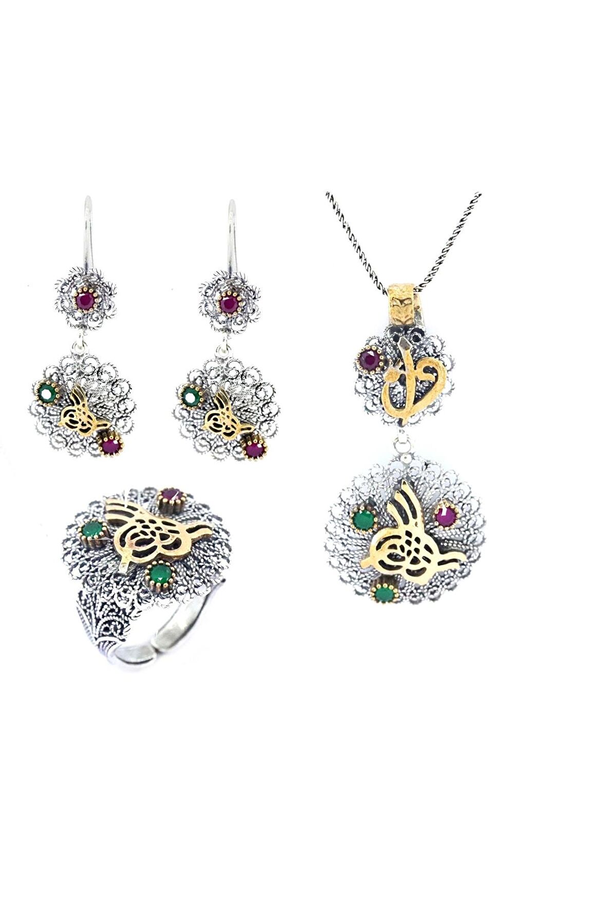 El Işi Yuvarlak Motifli Osmanlı Tuğralı Yakut Ve Zümrüt Taşlı Telkari Üçlü Set