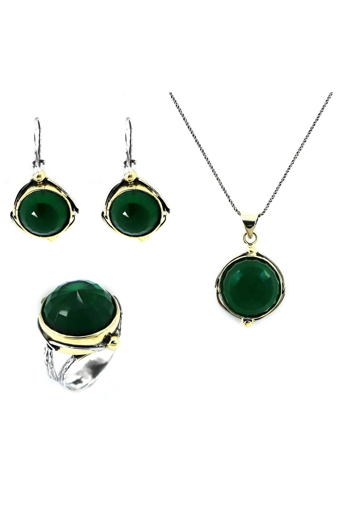 Zümrüt Taşlı Yuvarlak Otantik Üçlü Set