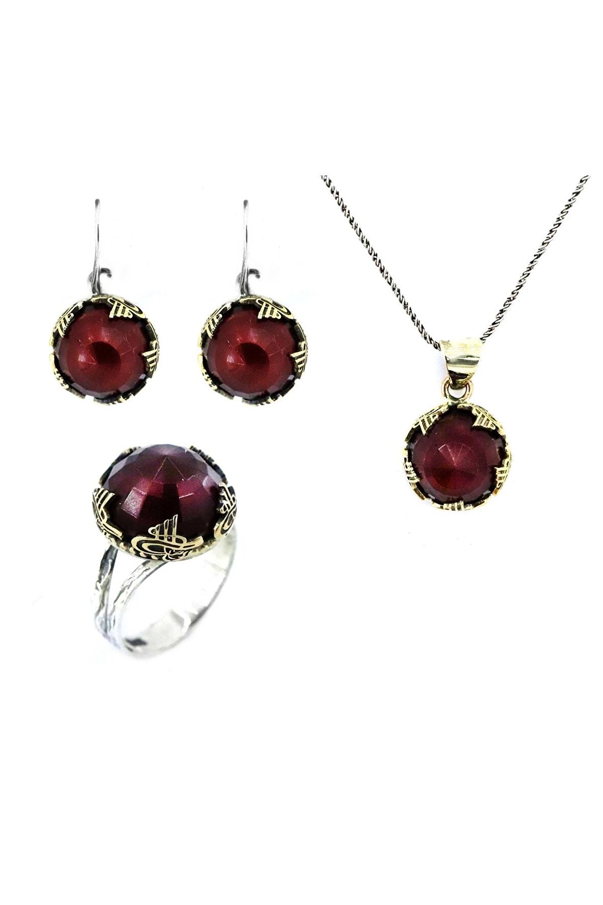 Yakut Taşlı Tuğra Motifli Yuvarlak Otantik Üçlü Set