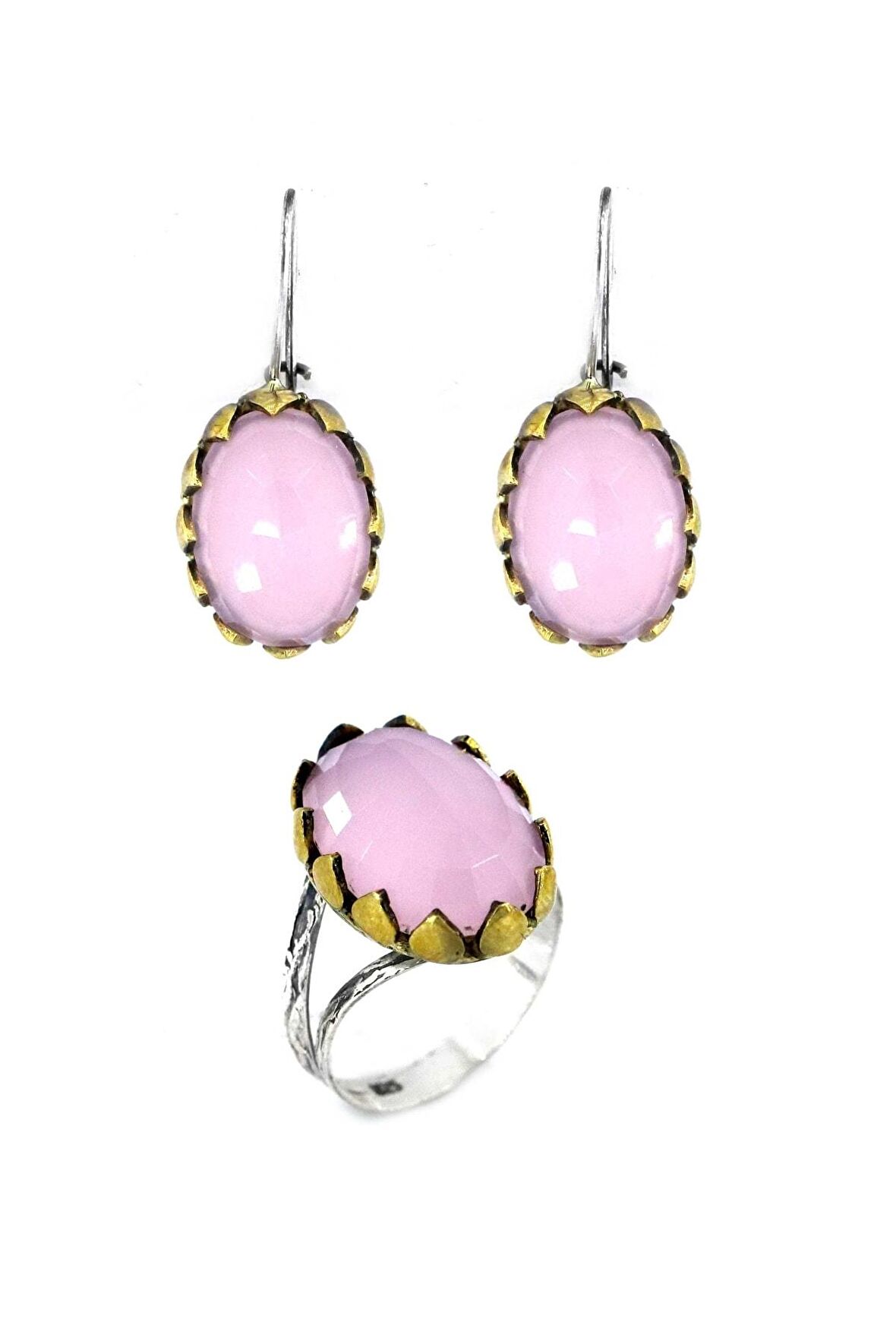Pembe Kuvars Taşlı Oval Otantik Ikili Set
