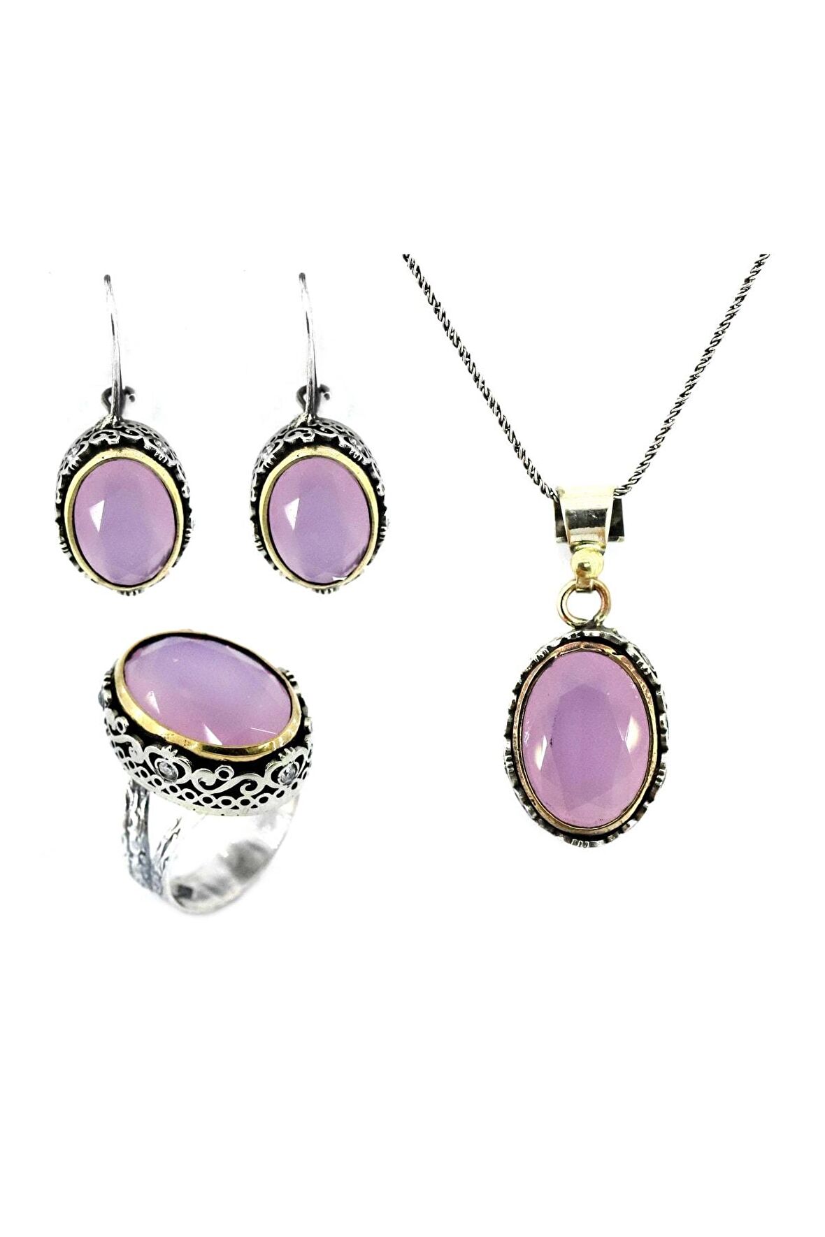 Pembe Kuvars Oval Otantik Gümüş Üçlü Set