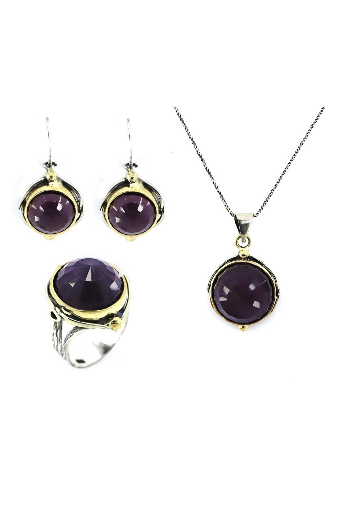 925 Ayar Ametist Taşı Otantik Gümüş Üçlü Set