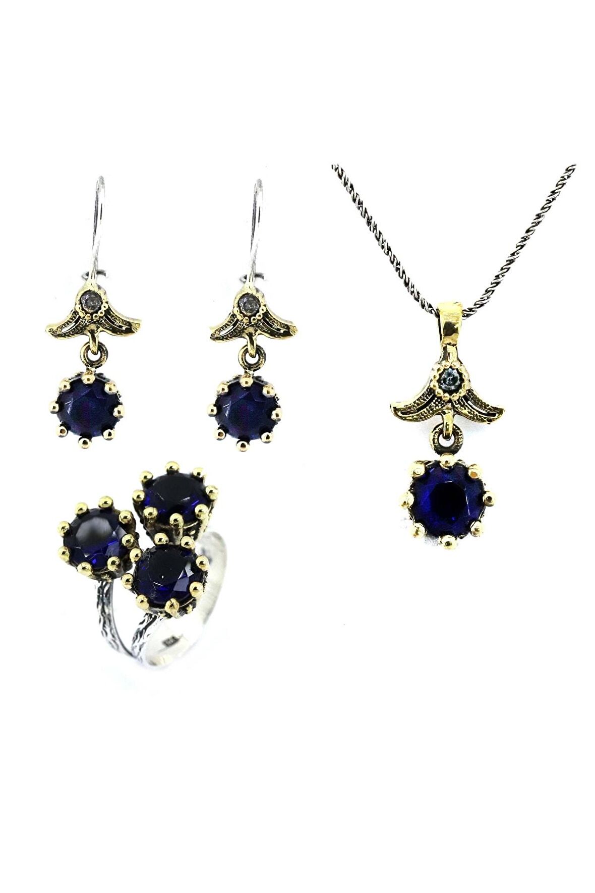 925 Ayar Safir Taşlı Otantik Gümüş Üçlü Set