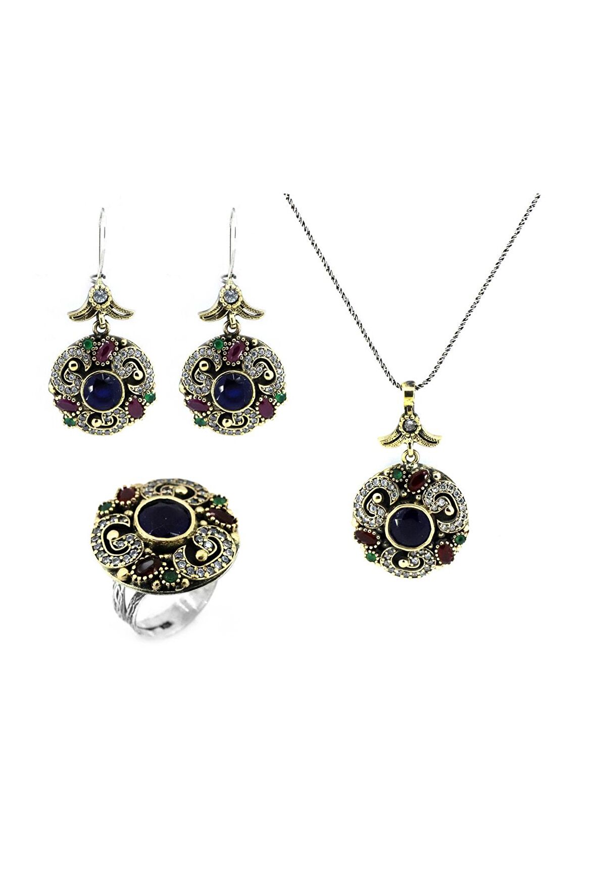 925 Ayar Safir Taşlı Otantik Gümüş Üçlü Set