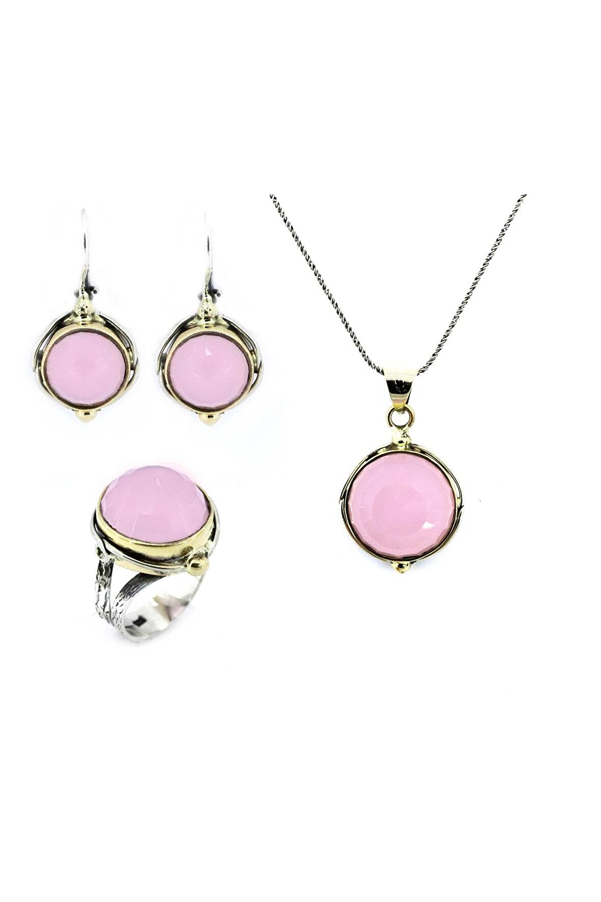 925 Ayar Pembe Kuvars Taşlı Otantik Gümüş Üçlü Set