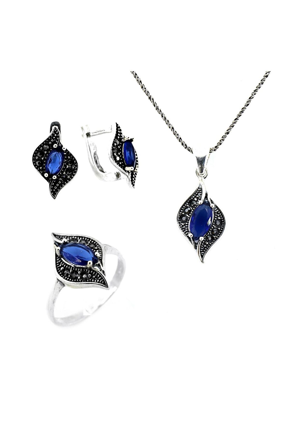 925 Ayar Safir Taşlı Markazit Gümüş Üçlü Set