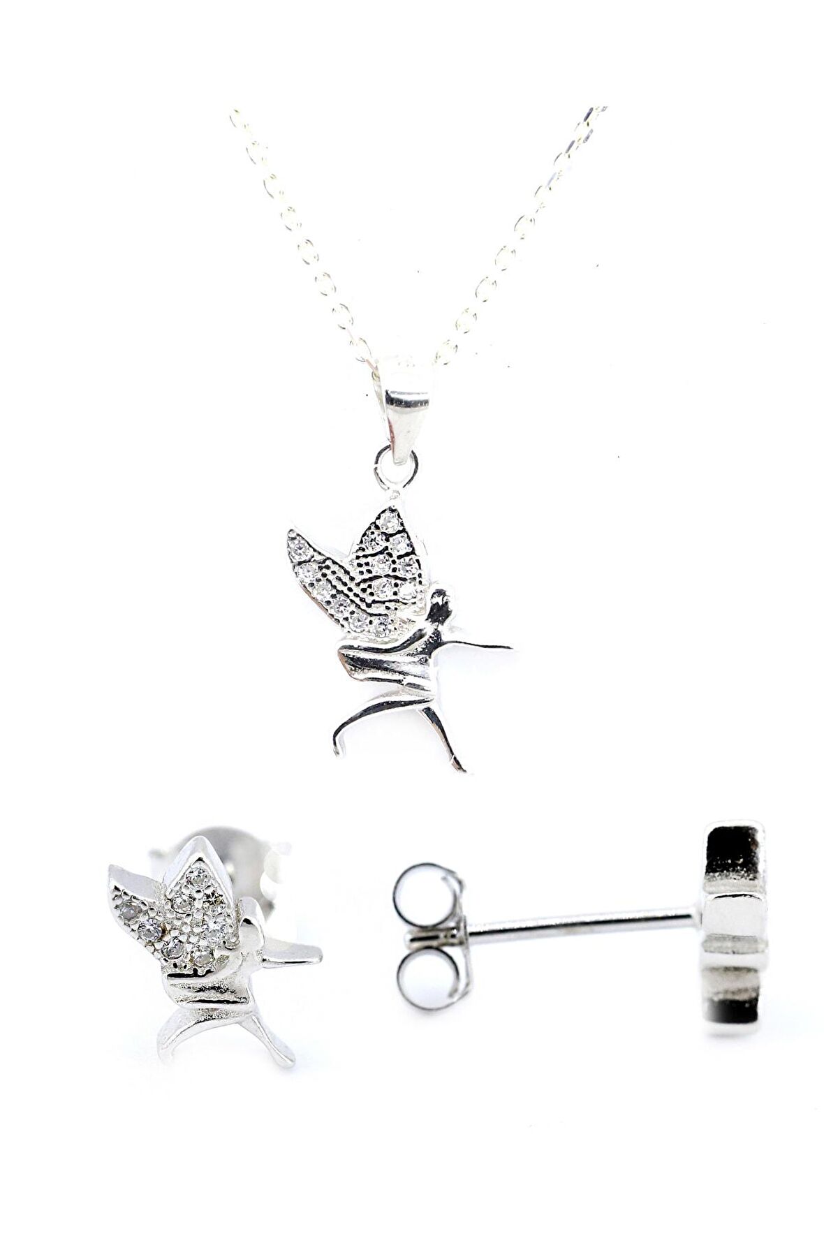 Peri Motifli Zirkon Taşlı Gümüş Ikili Set