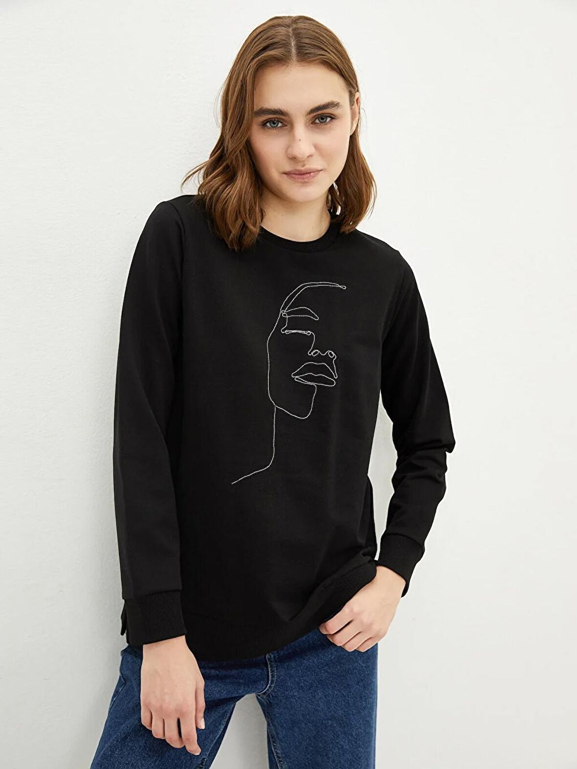 Bisiklet Yaka Baskılı Uzun Kollu Kadın Sweatshirt
