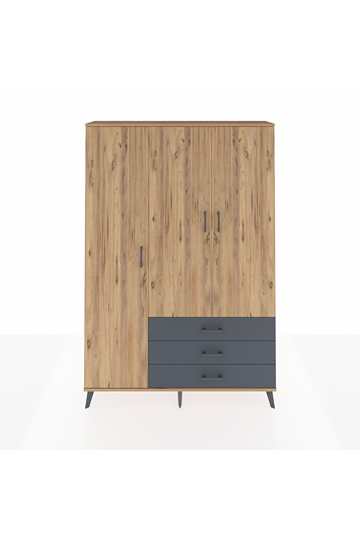 Arges Dolap 6 Raflı 3 Çekmeceli Tek Askılı 132x30x195 Çam-Çam/Antrasit