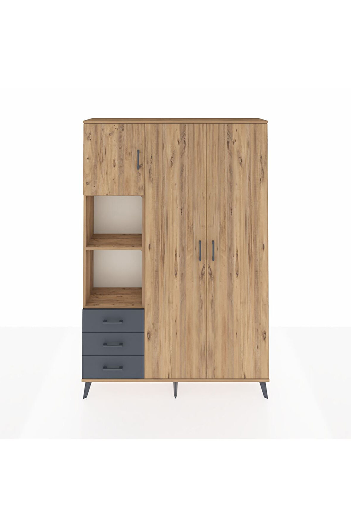 Arges Dolap 6 Raflı 3 Çekmeceli Tek Askılı 132x30x195 Çam-Çam/Antrasit