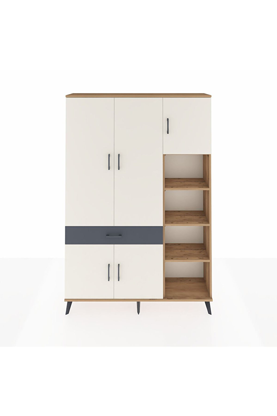 Arges Dolap 10 Raflı Tek Çekmeceli 5 Kapaklı 132x30x195 Çam-Aytaşı/Antrasit