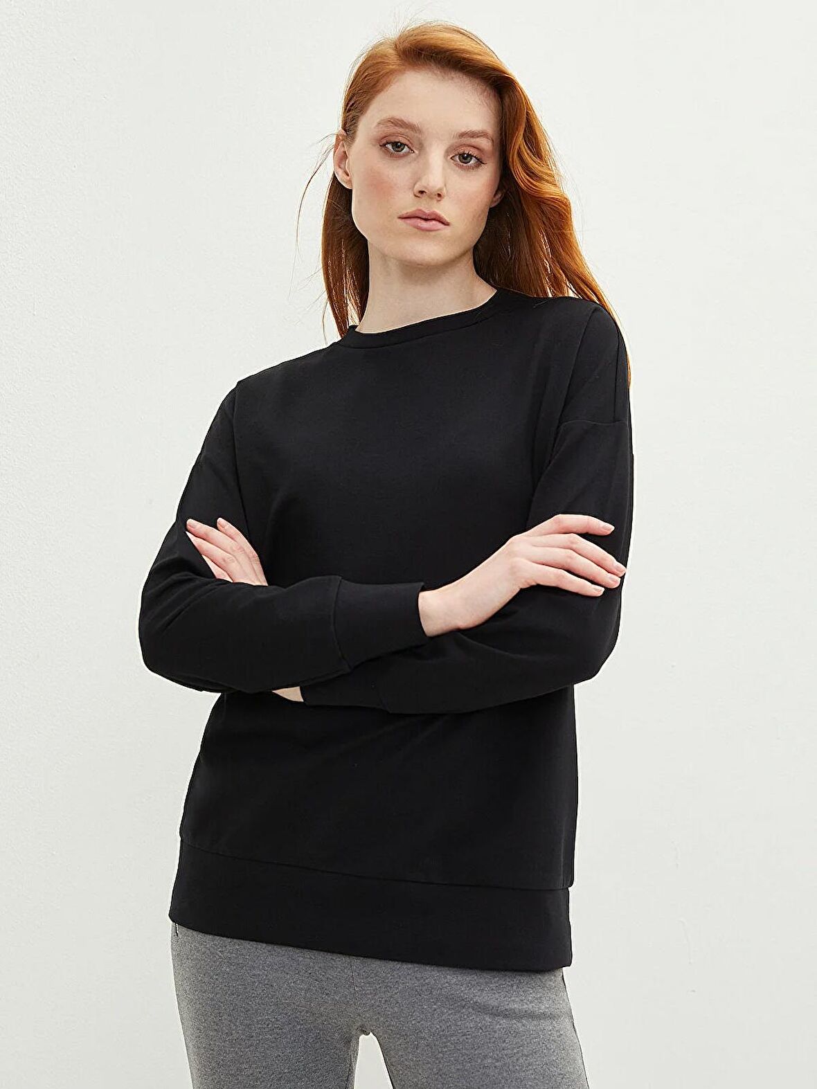 Bisiklet Yaka Düz Uzun Kollu Kadın Sweatshirt