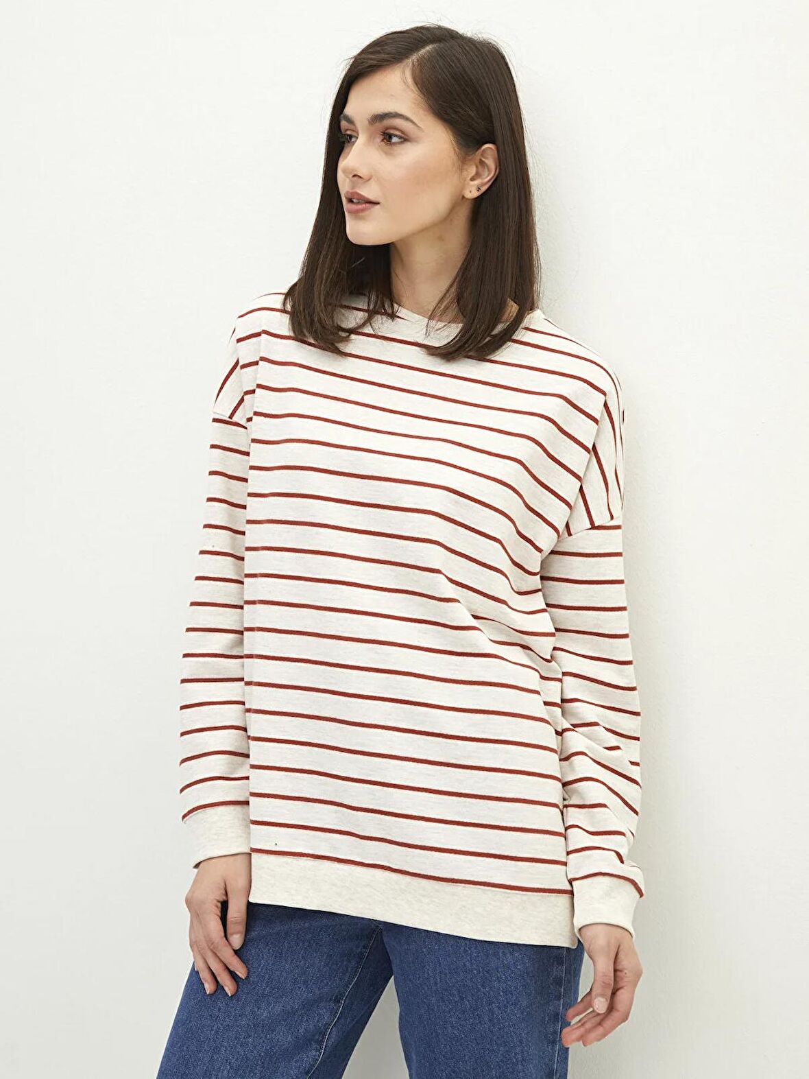 Bisiklet Yaka Çizgili Uzun Kollu Oversize Kadın Sweatshirt
