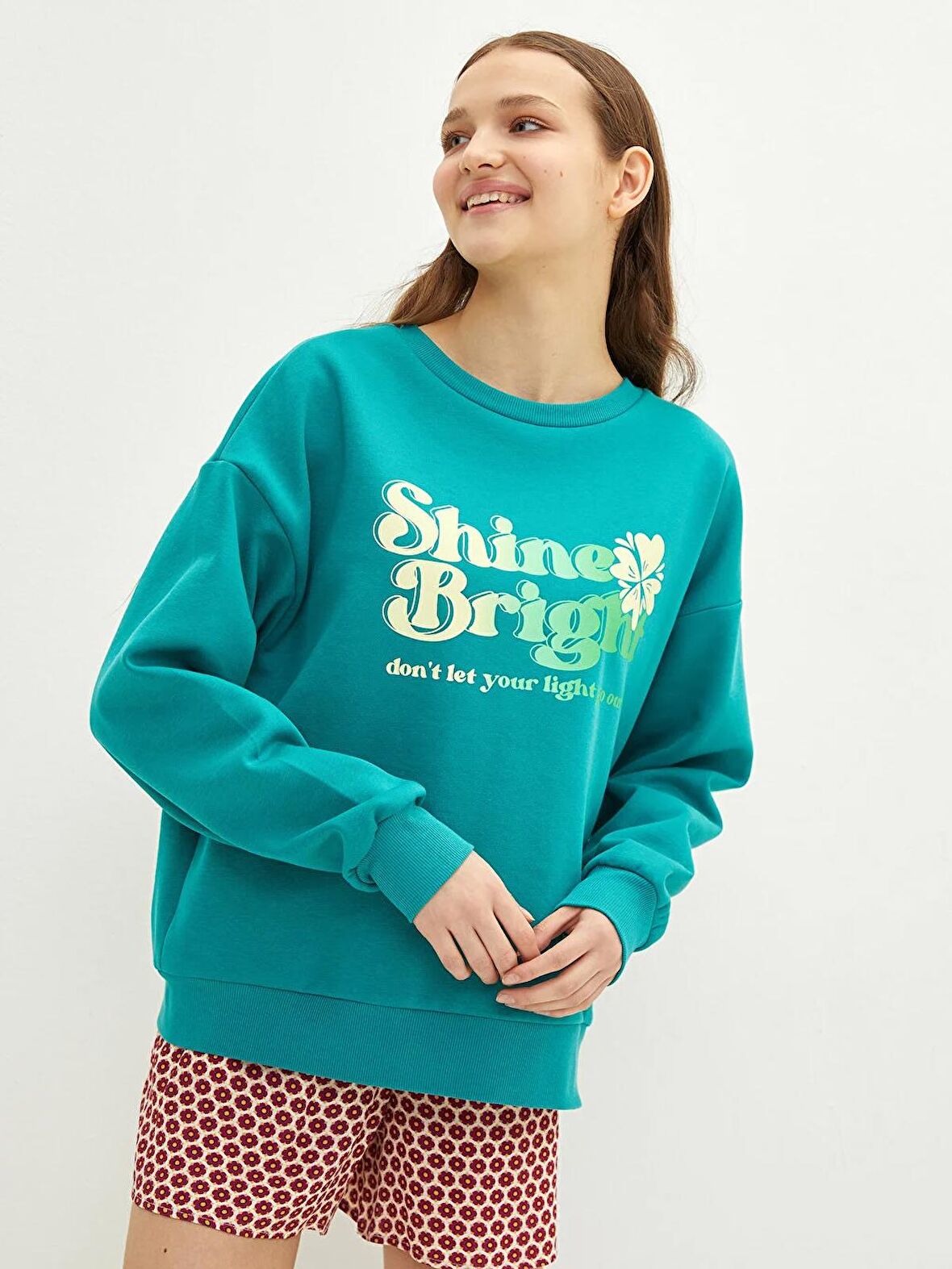 Bisiklet Yaka Baskılı Uzun Kollu Kadın Sweatshirt