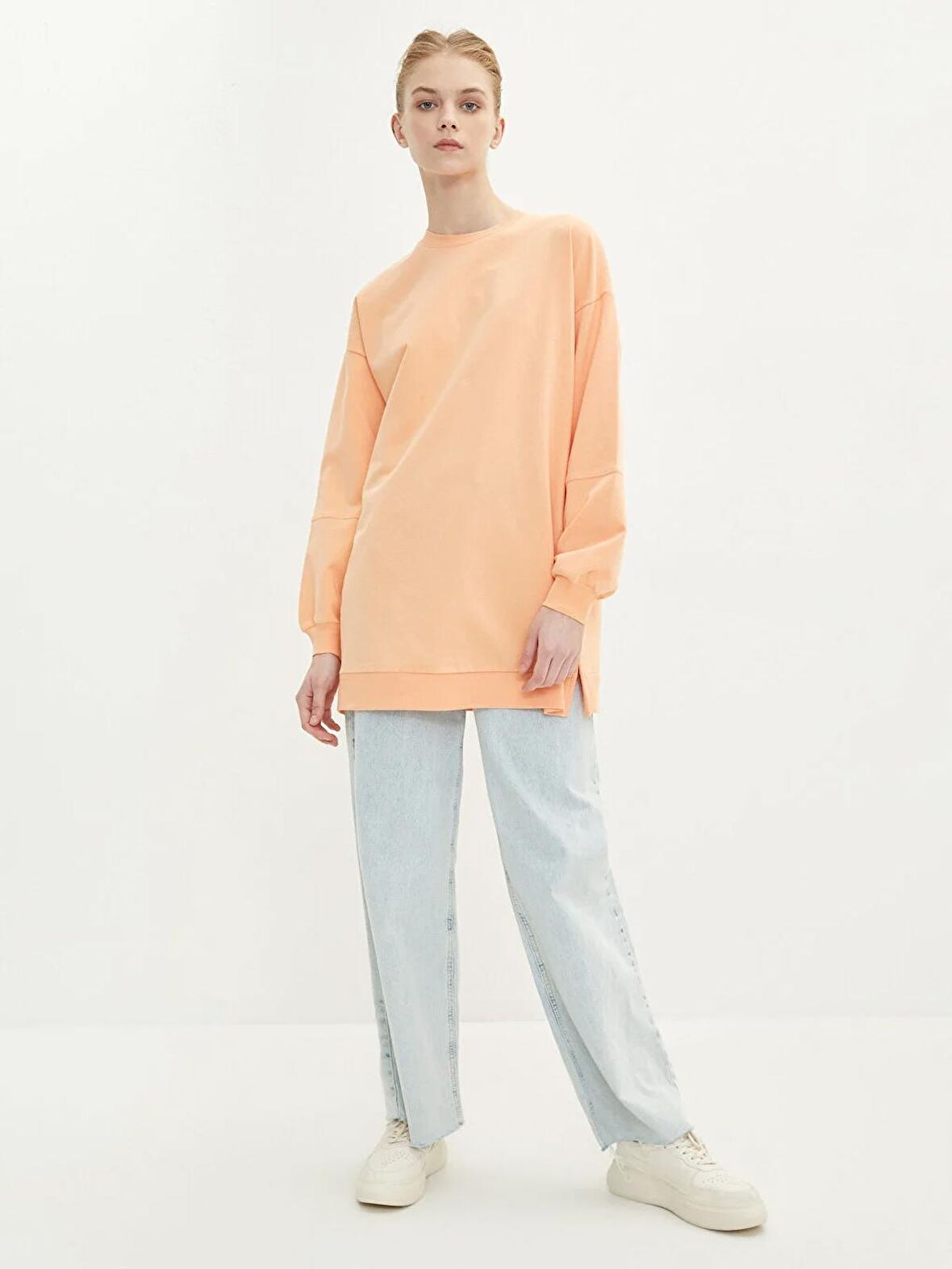 Bisiklet Yaka Düz Oversize Kadın Sweatshirt Tunik