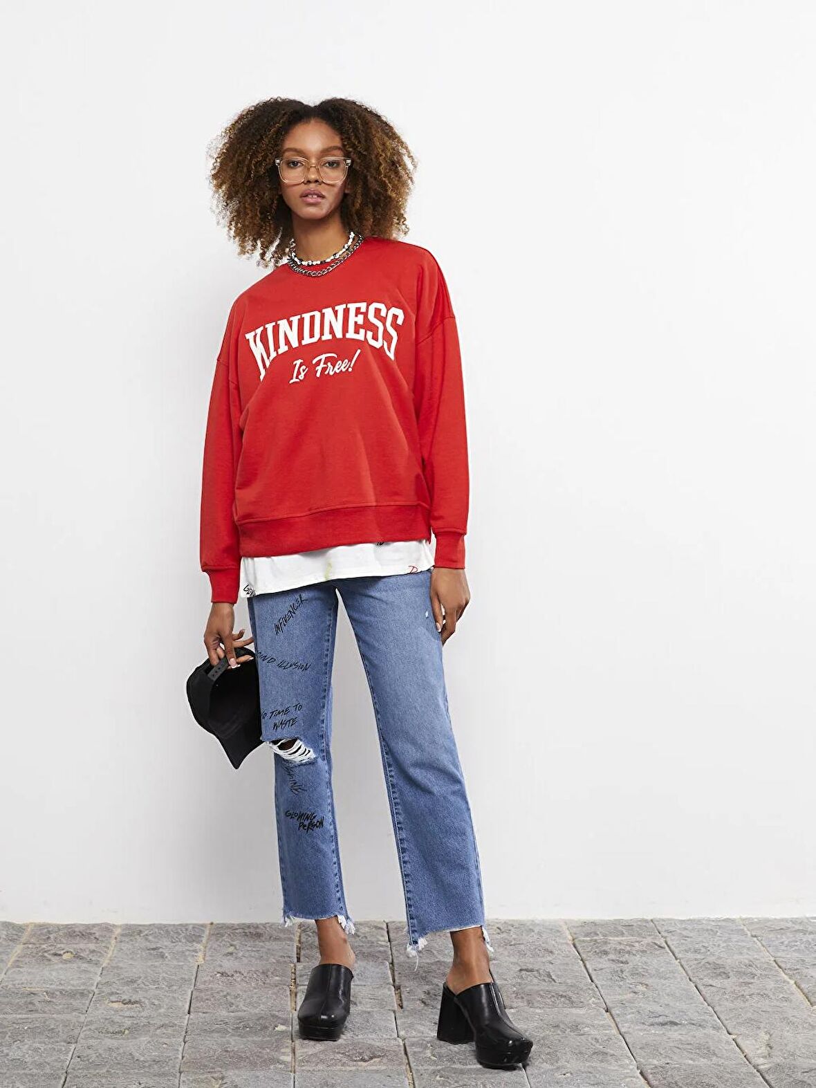 Bisiklet Yaka Yazı Baskılı Uzun Kollu Kadın Sweatshirt