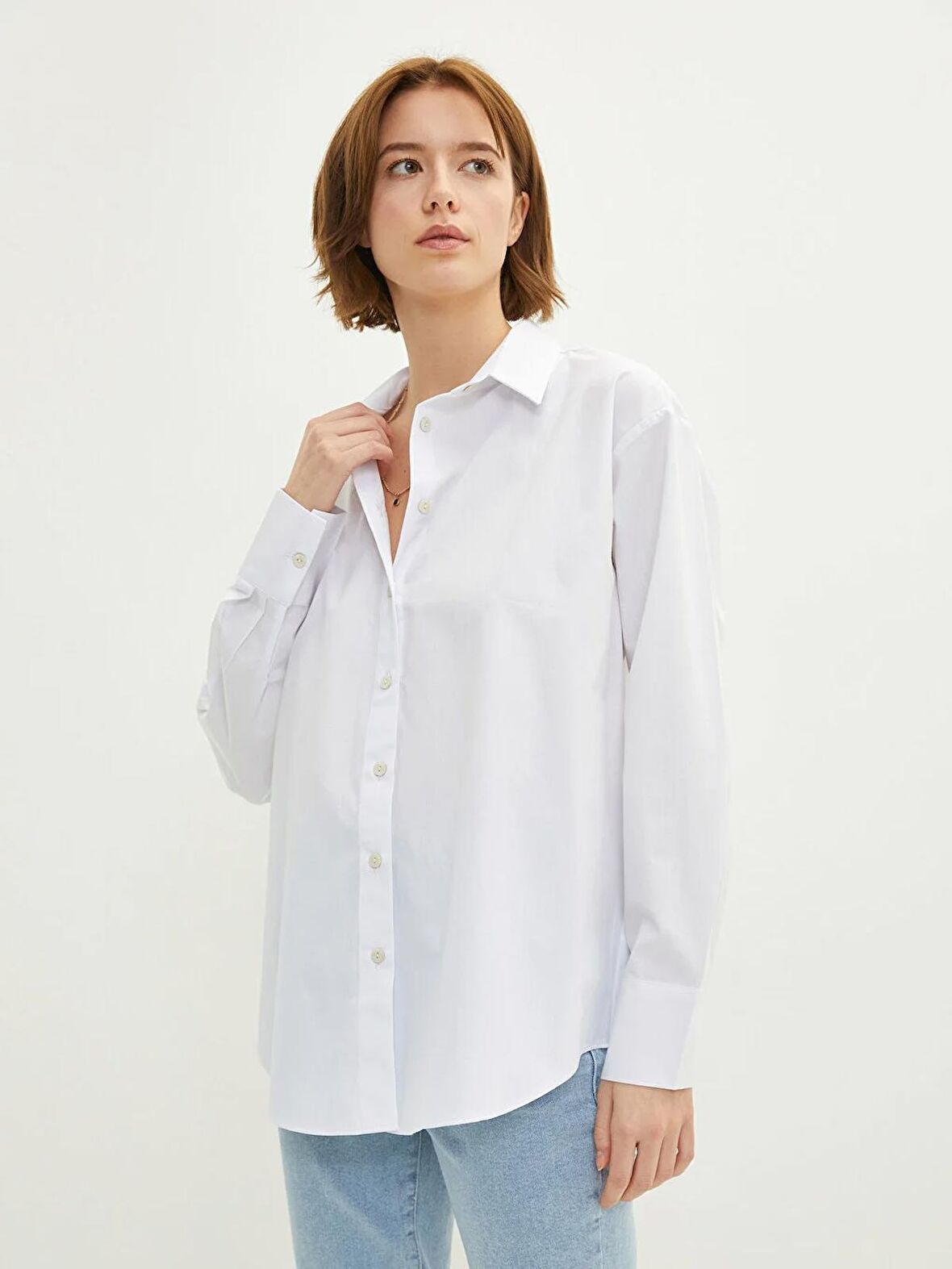 Önden Düğme Kapamalı Düz Uzun Kollu Poplin Kadın Gömlek