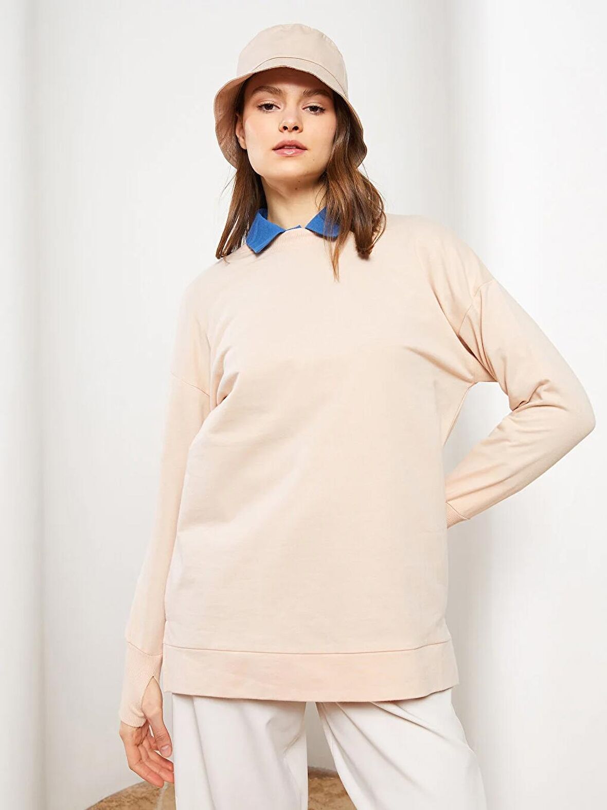 Dik Yaka Düz Uzun Kollu Kadın Sweatshirt Tunik