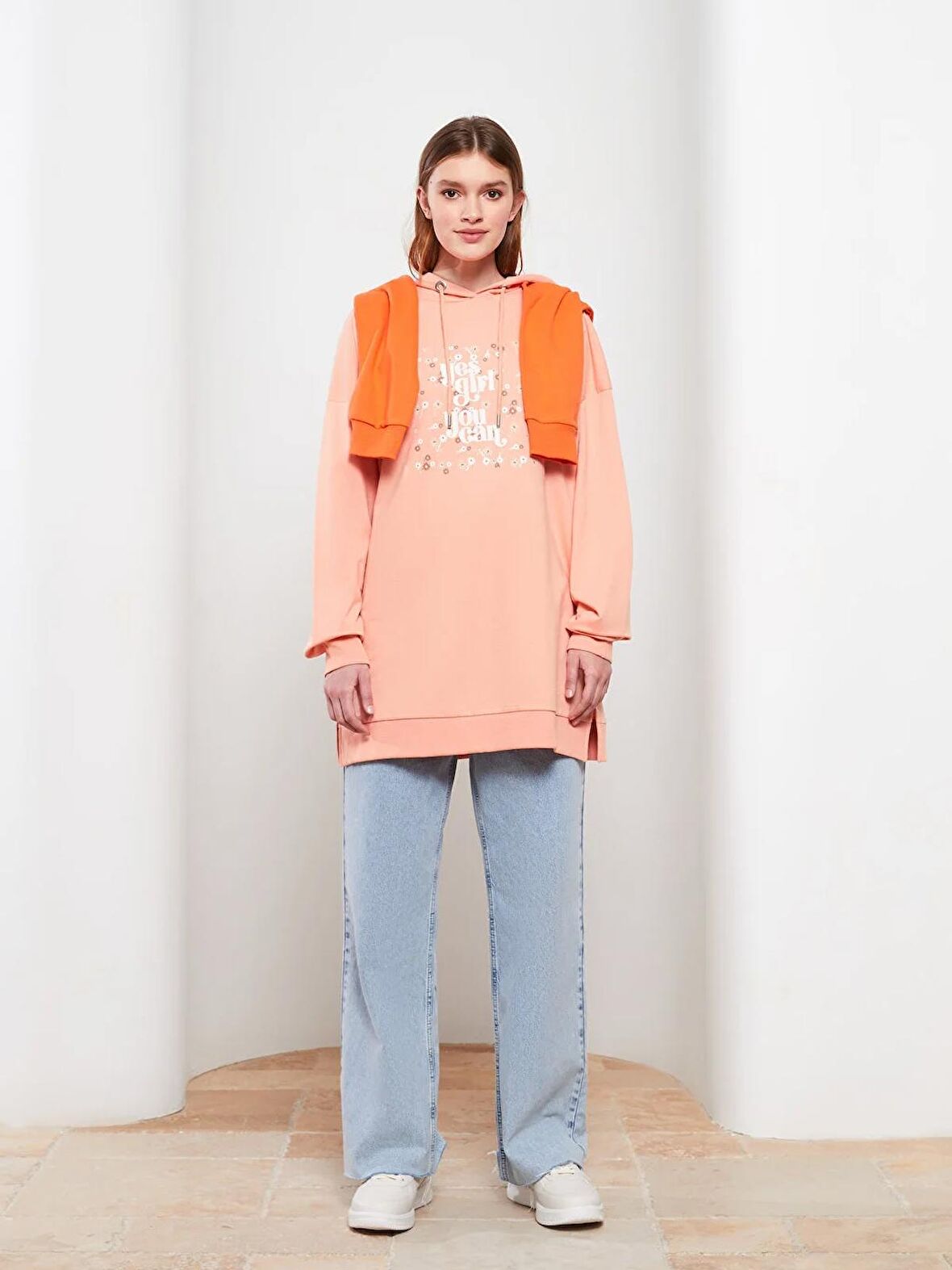 Kapüşonlu Baskılı Uzun Kollu Kadın Sweatshirt Tunik