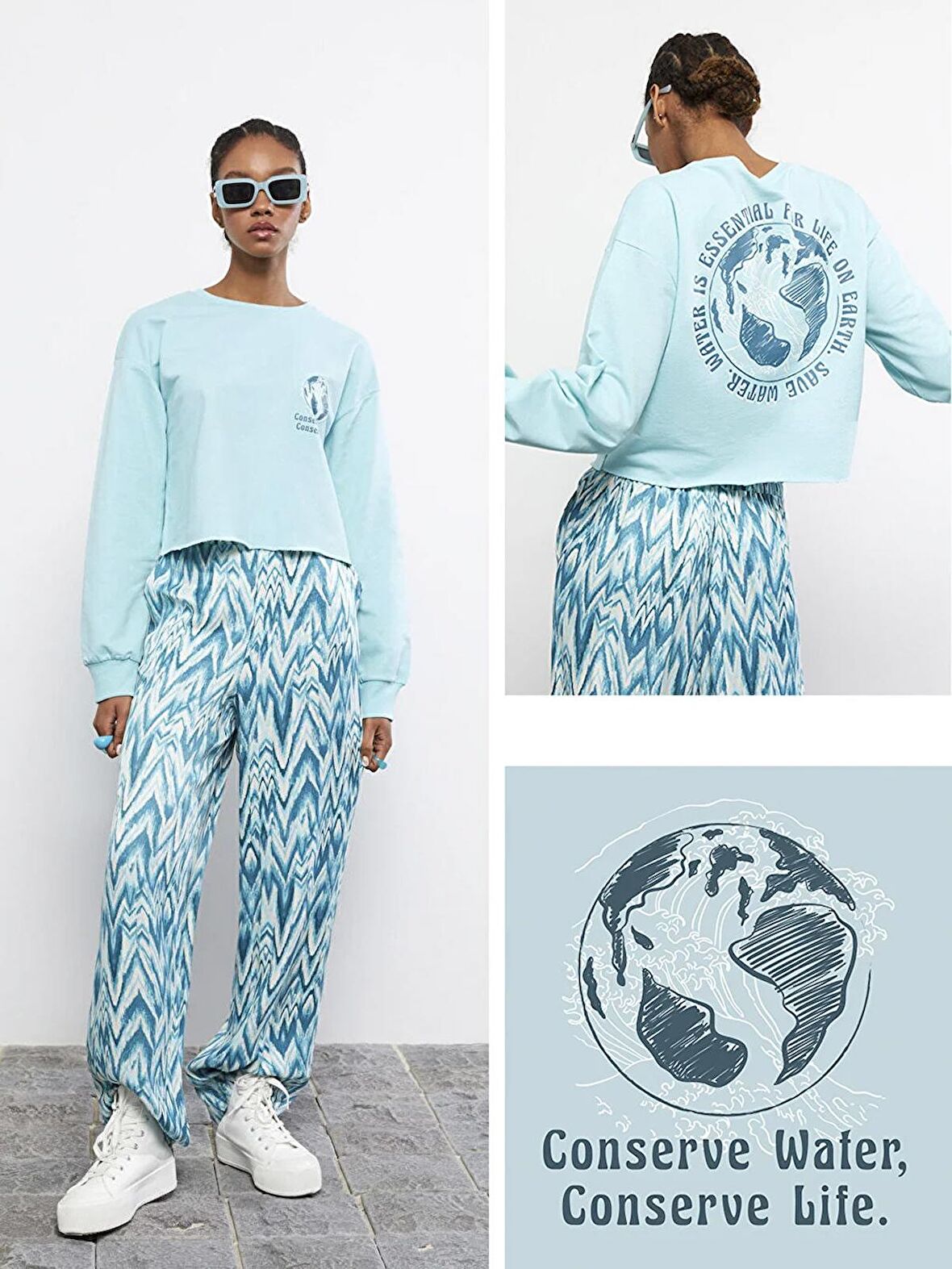 Bisiklet Yaka Baskılı Uzun Kollu Kadın Sweatshirt