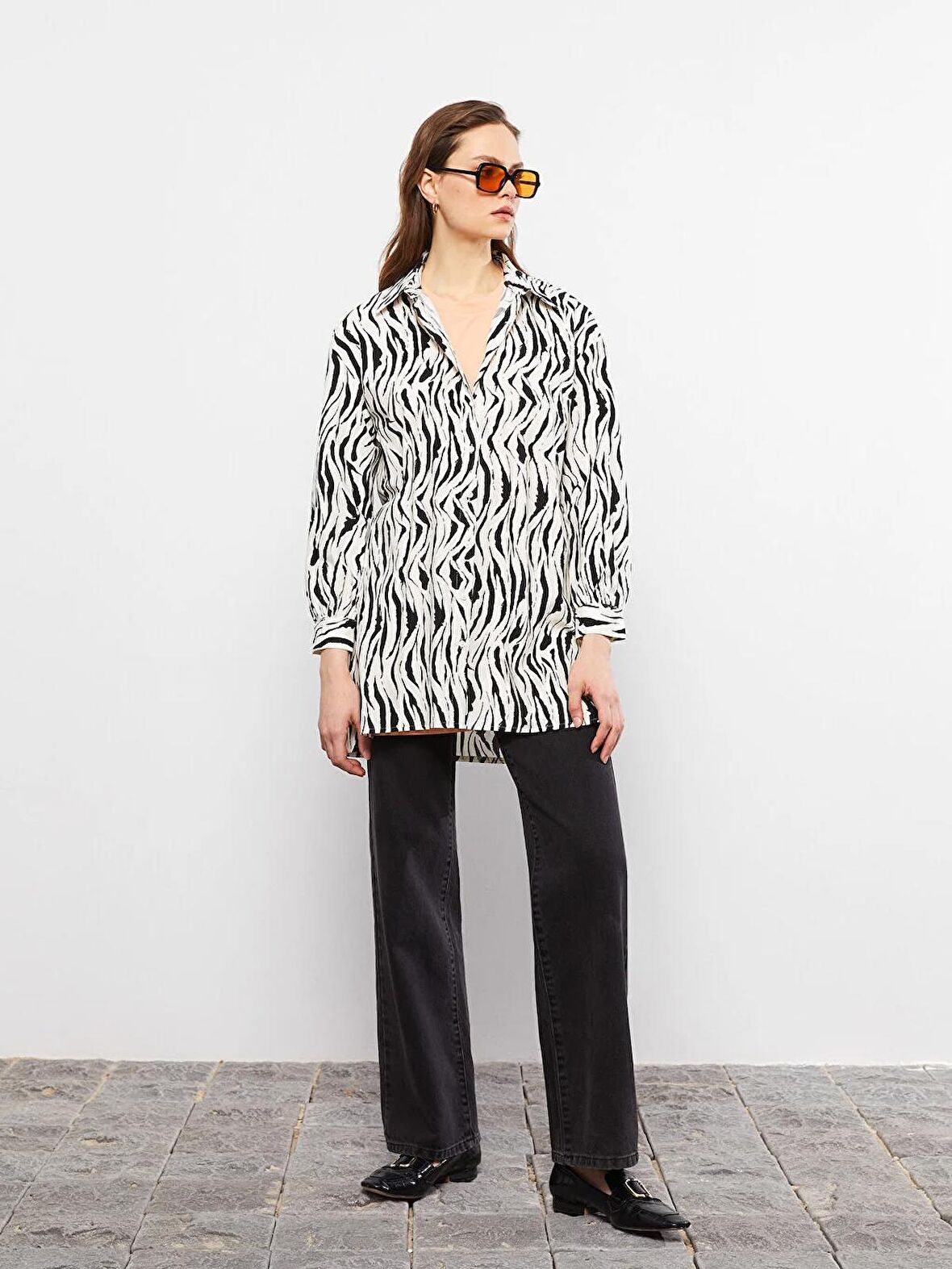 Desenli Uzun Kollu Oversize Poplin Kadın Gömlek Tunik