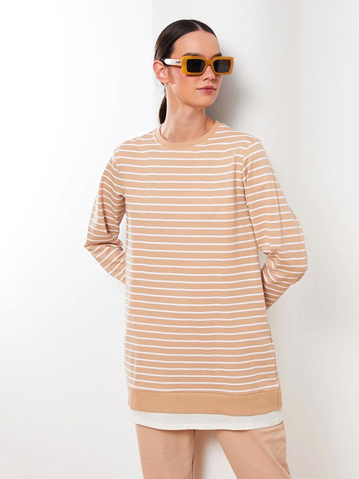 Bisiklet Yaka Çizgili Uzun Kollu Kadın Sweatshirt Tunik