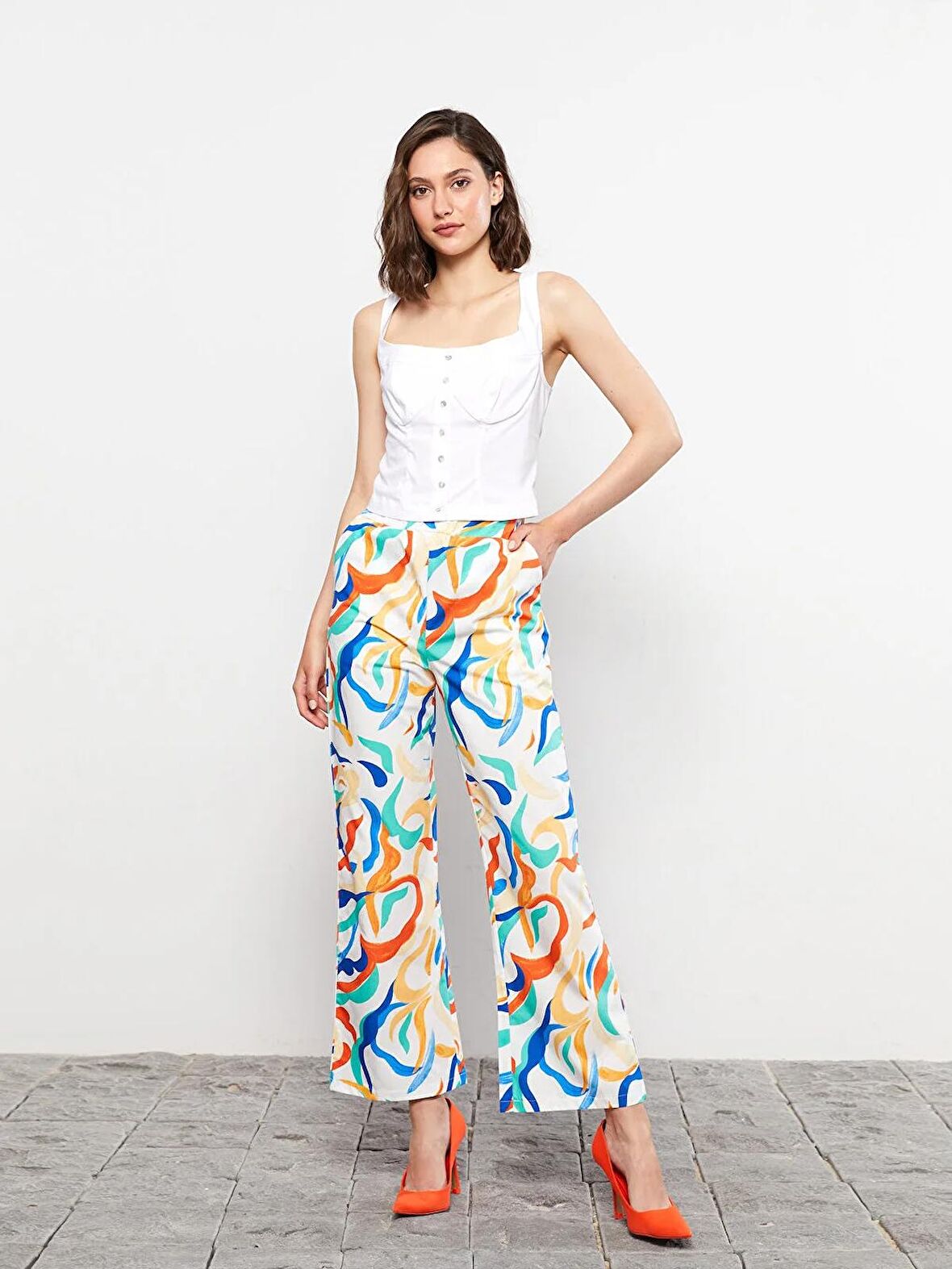 Beli Lastikli Standart Fit Desenli Poplin Kadın Pantolon