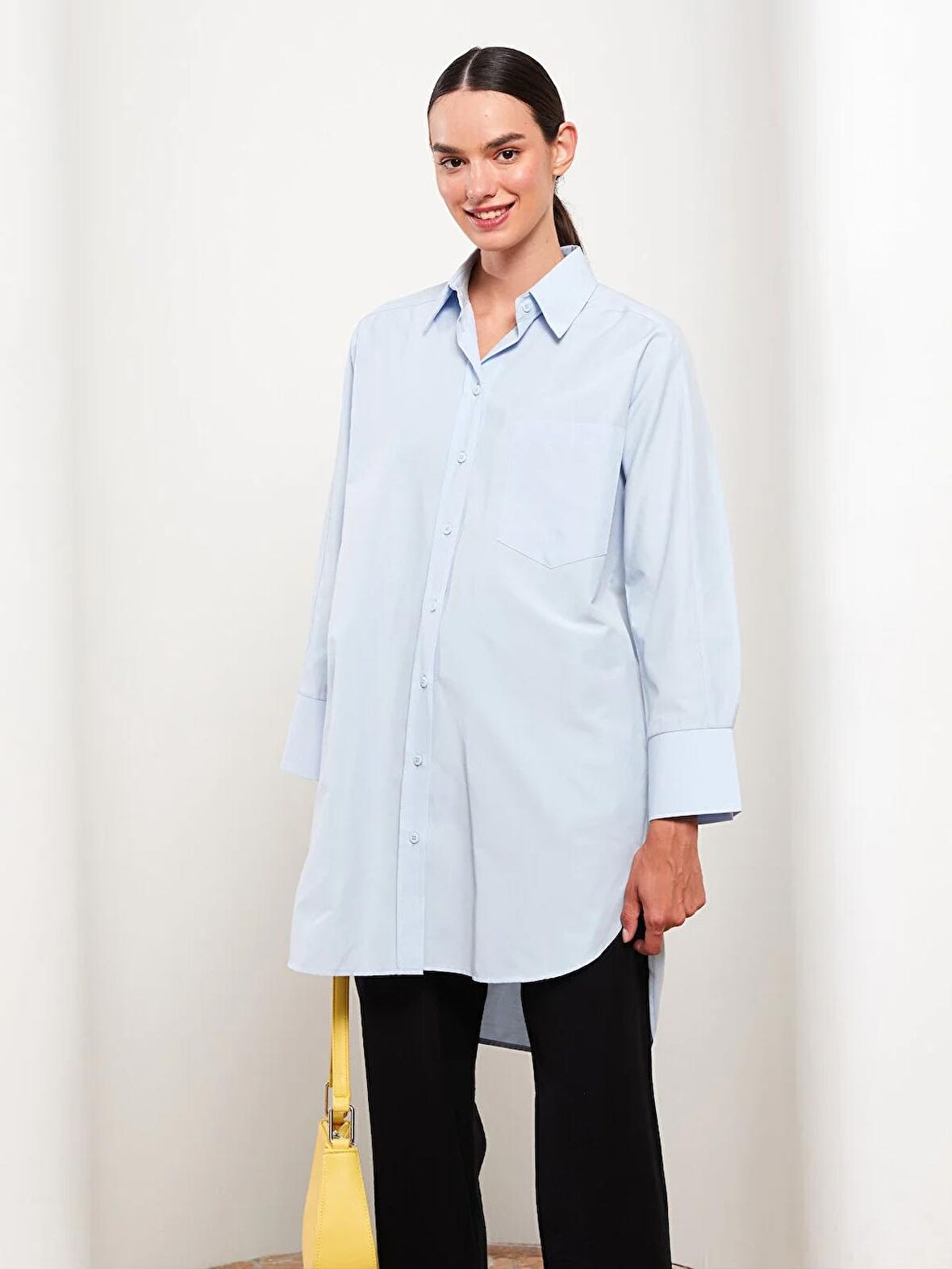 Düz Uzun Kollu Oversize Poplin Kadın Gömlek Tunik