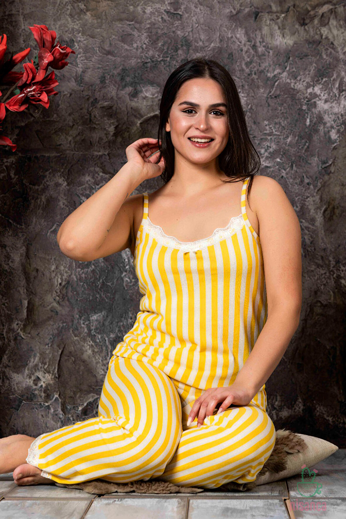 İp Askılı Pamuklu Kadın Pijama Takımı-Çizgili Kadın Pijaması