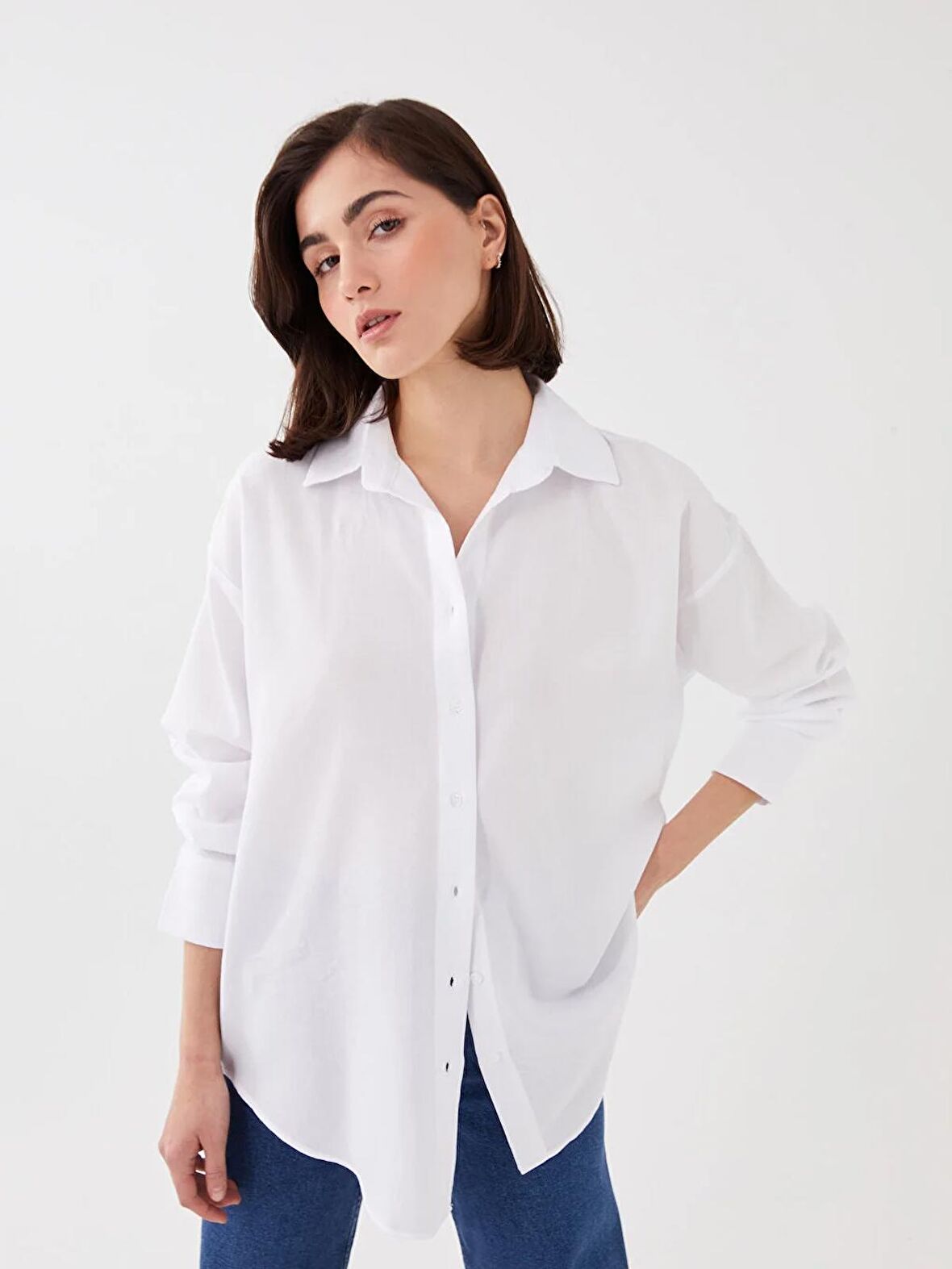 Düz Uzun Kollu Oversize Gabardin Kumaş Kadın Gömlek