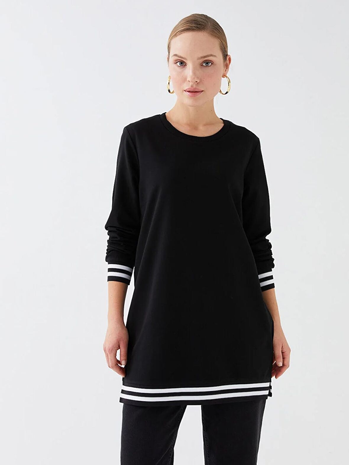 Bisiklet Yaka Düz Uzun Kollu Kadın Sweatshirt Tunik