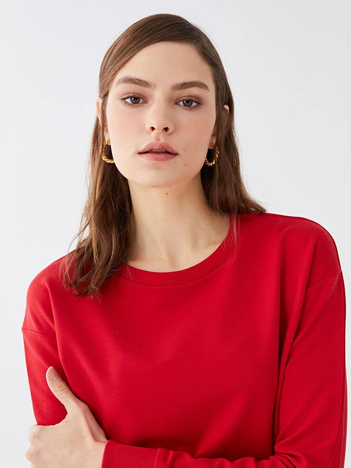 Bisiklet Yaka Düz Uzun Kollu Kadın Sweatshirt