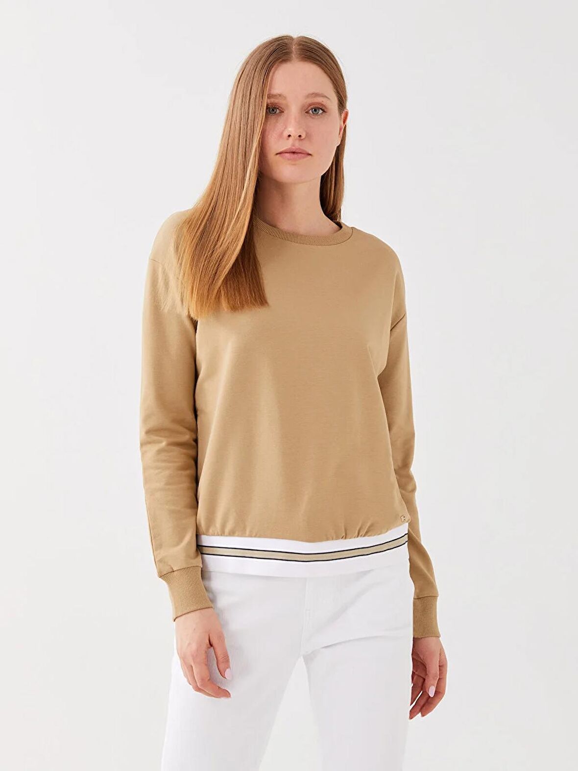 Bisiklet Yaka Düz Uzun Kollu Kadın Sweatshirt