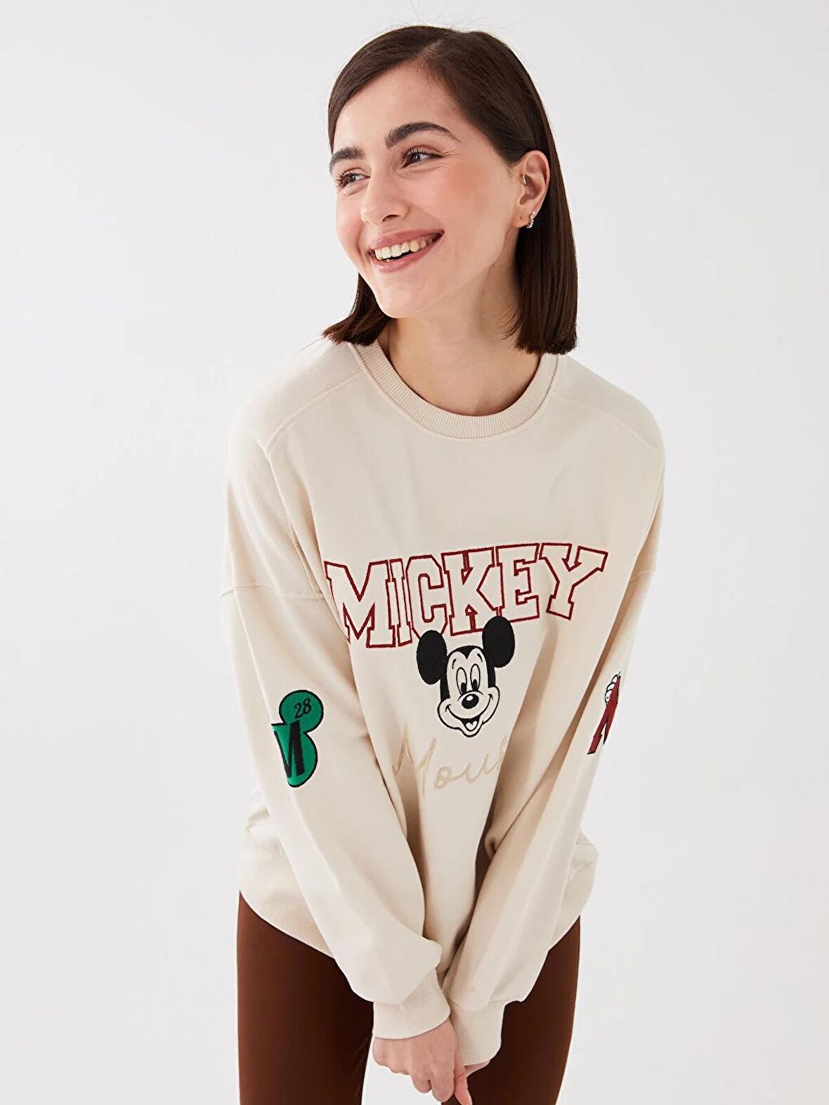 Bisiklet Yaka Mickey Mouse Baskılı Uzun Kollu Oversize Kadın Sweatshirt