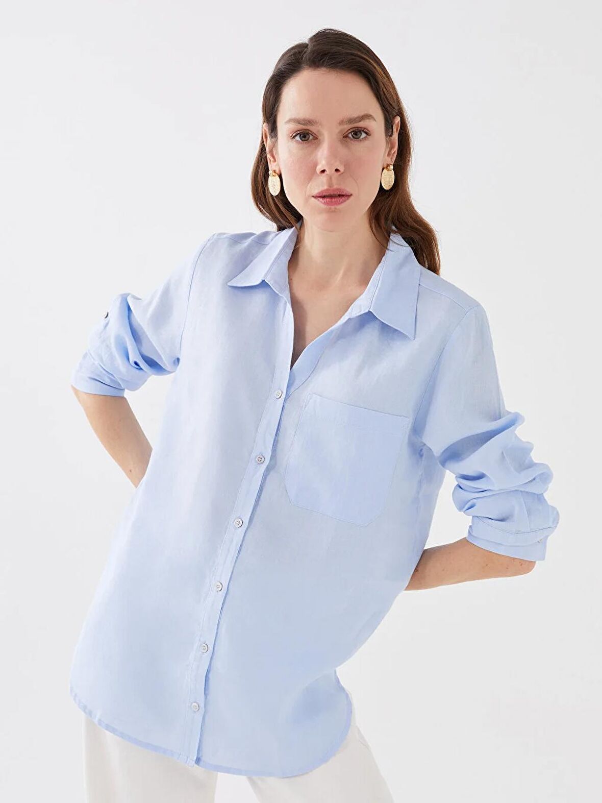 Düz Uzun Kollu Keten Kadın Gömlek