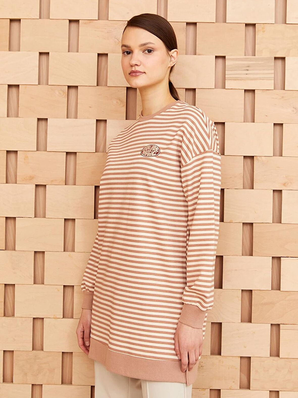 Bisiklet Yaka Çizgili Uzun Kollu Oversize Kadın Sweatshirt Tunik